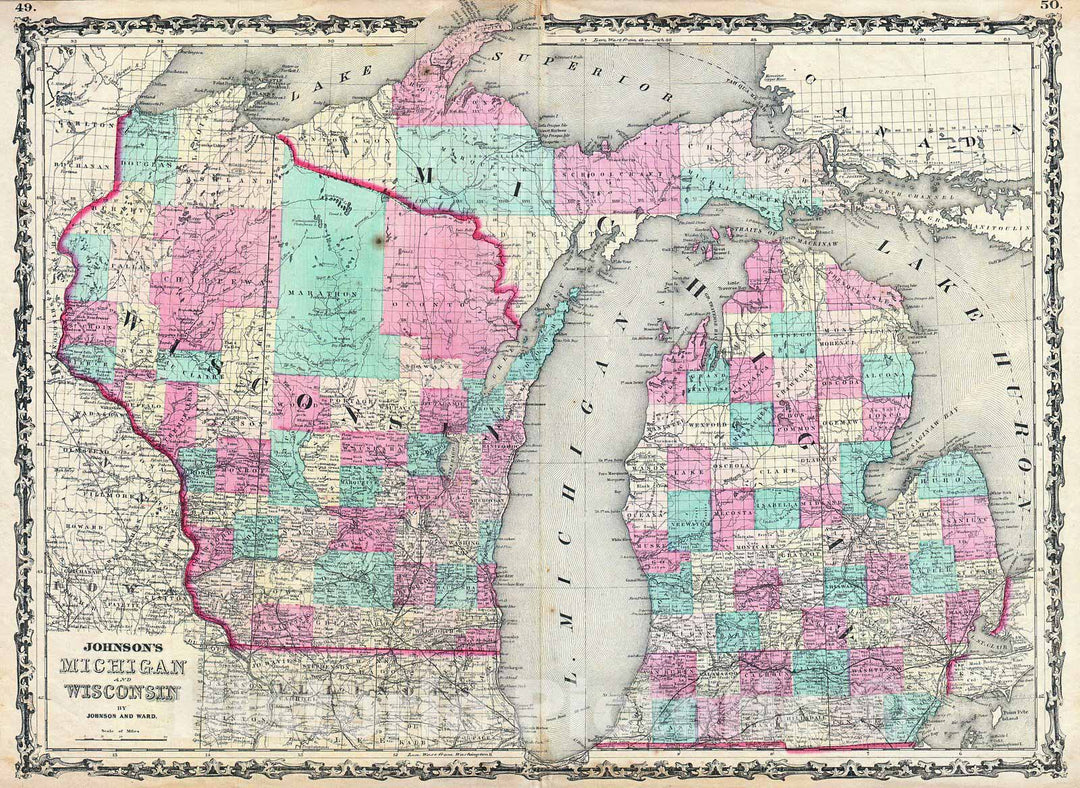 Historic Map : Johnson Map of Michigan and Wisconsin, 1862, Vintage Wall Art