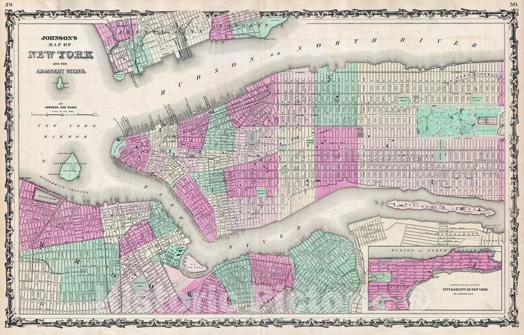 Historic Map : Johnson Map of New York City and Brooklyn, 1862, Vintage Wall Art