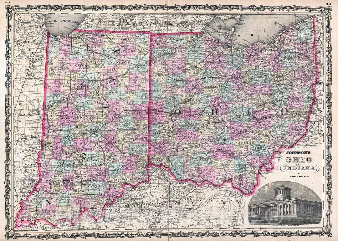 Historic Map : Johnson Map of Ohio and Indiana, 1862, Vintage Wall Art