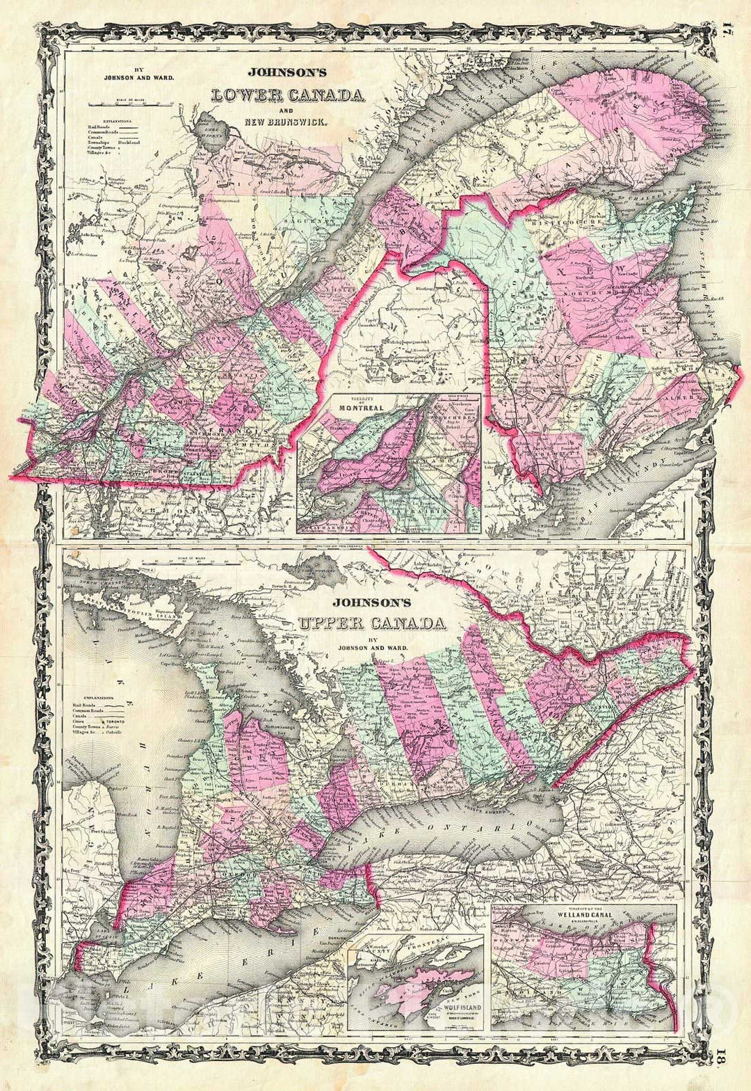 Historic Map : Johnson Map of Ontario and Quebec, Canada, 1862, Vintage Wall Art