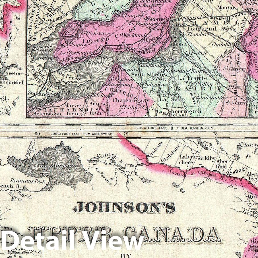 Historic Map : Johnson Map of Ontario and Quebec, Canada, 1862, Vintage Wall Art