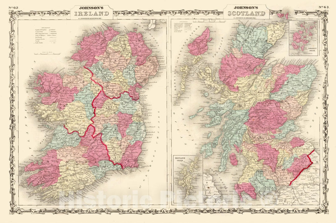 Historic Map : Johnson Map of Scotland and Ireland, 1862, Vintage Wall Art