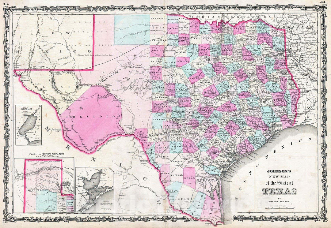 Historic Map : Johnson Map of Texas, 1862, Vintage Wall Art