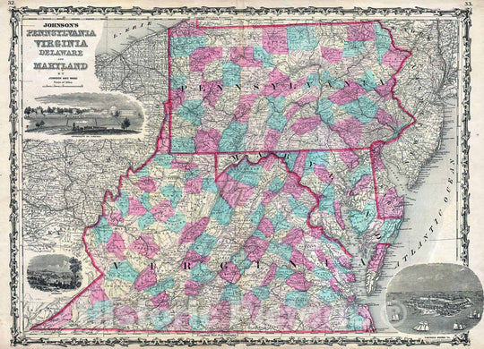 Historic Map : Johnson Map of Virginia, Maryland, Delaware and Pennsylvania, 1862, Vintage Wall Art