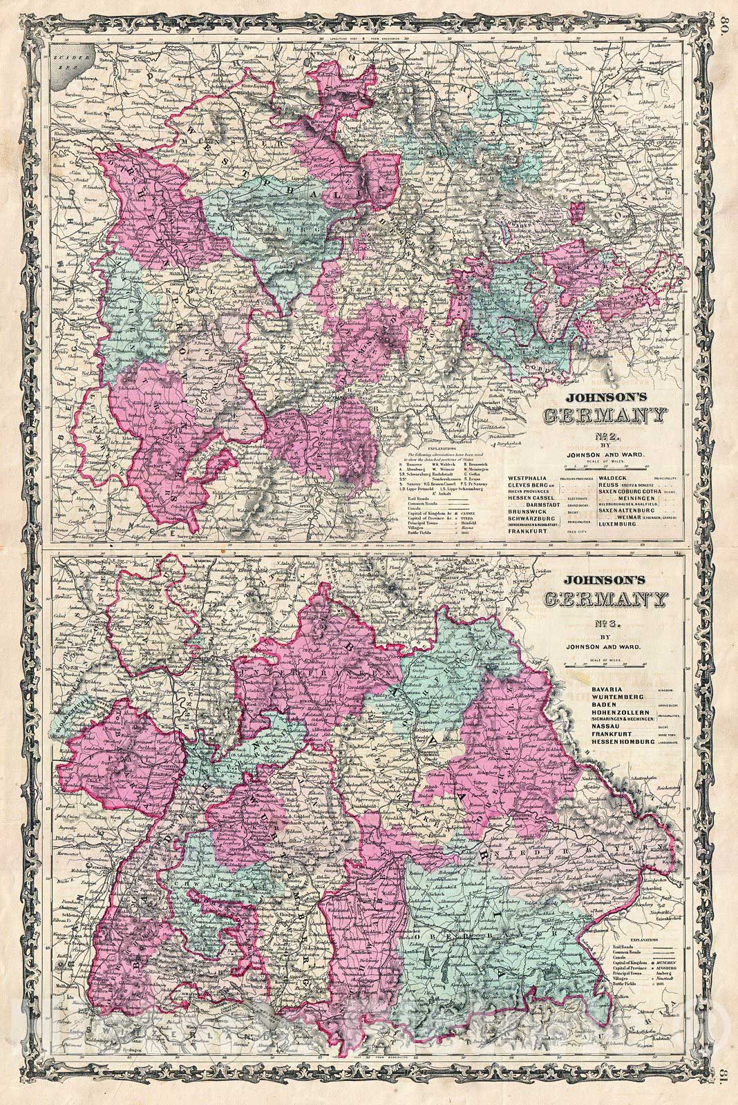 Historic Map : Johnson Map of Western Germany (Bohemia, Westphalia, Luxemburg), Version 2, 1862, Vintage Wall Art