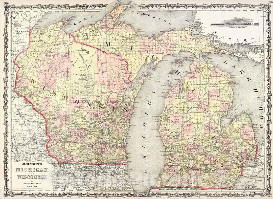 Historic Map : Johnson Map of Wisconsin and Michigan, 1862, Vintage Wall Art