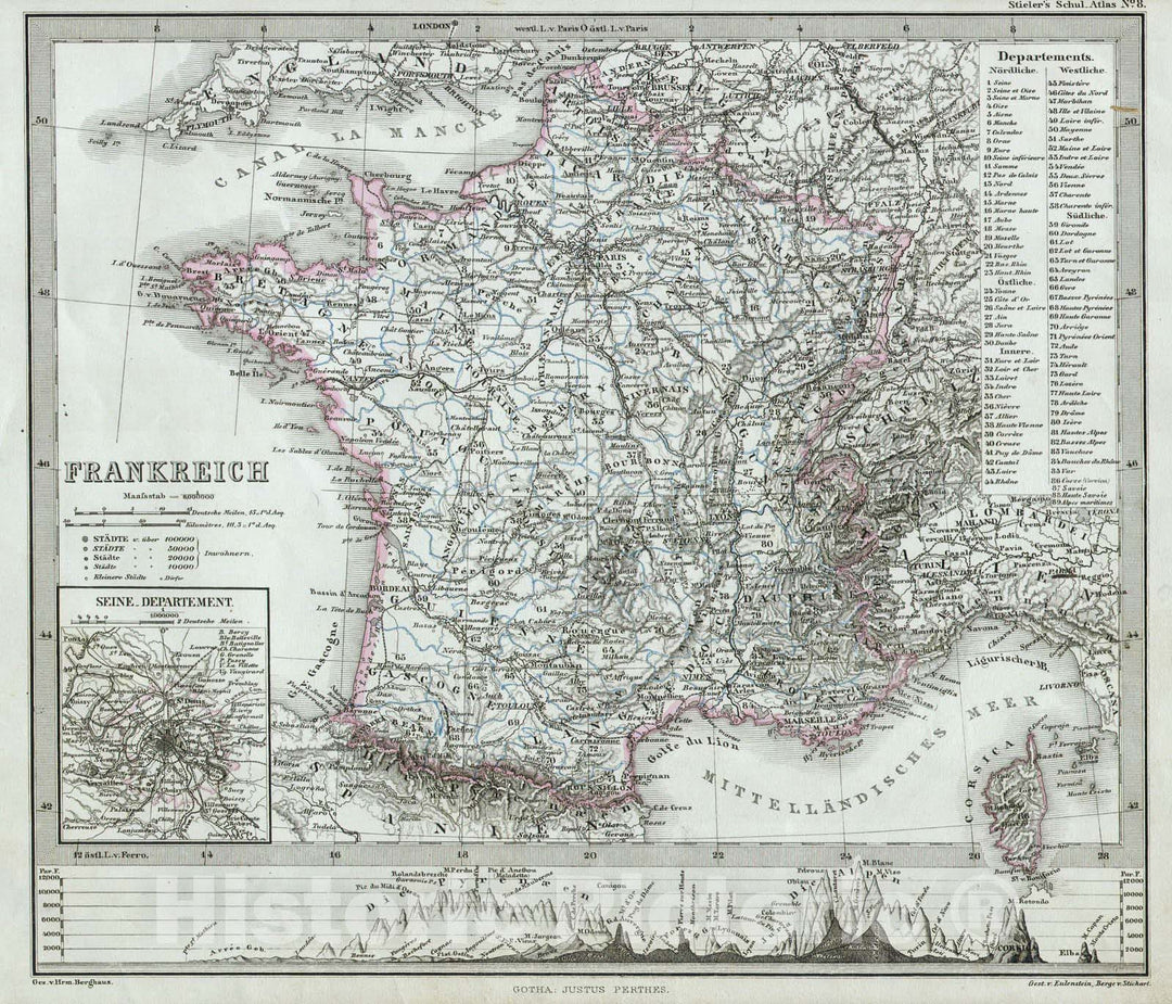 Historic Map : Perthes Map of France, 1862, Vintage Wall Art