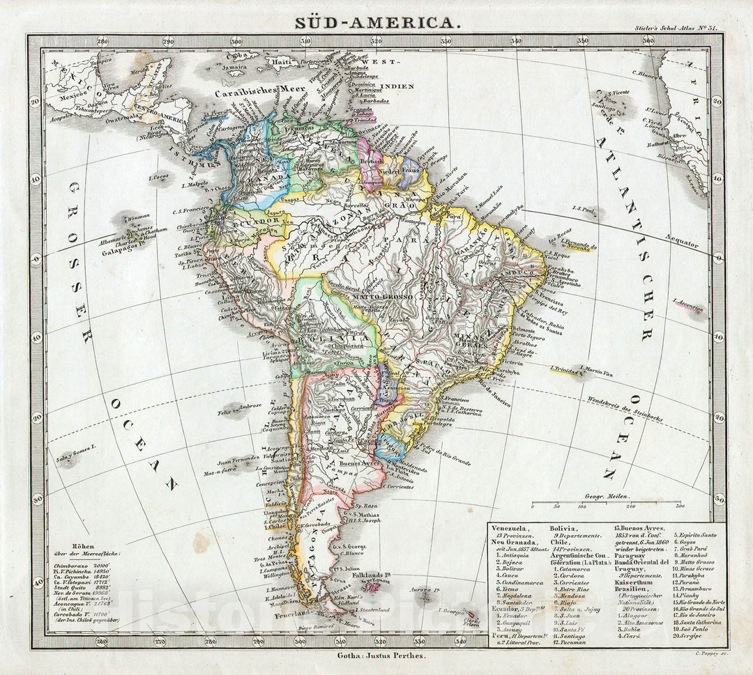 Historic Map : Perthes map of South America , 1862, Vintage Wall Art