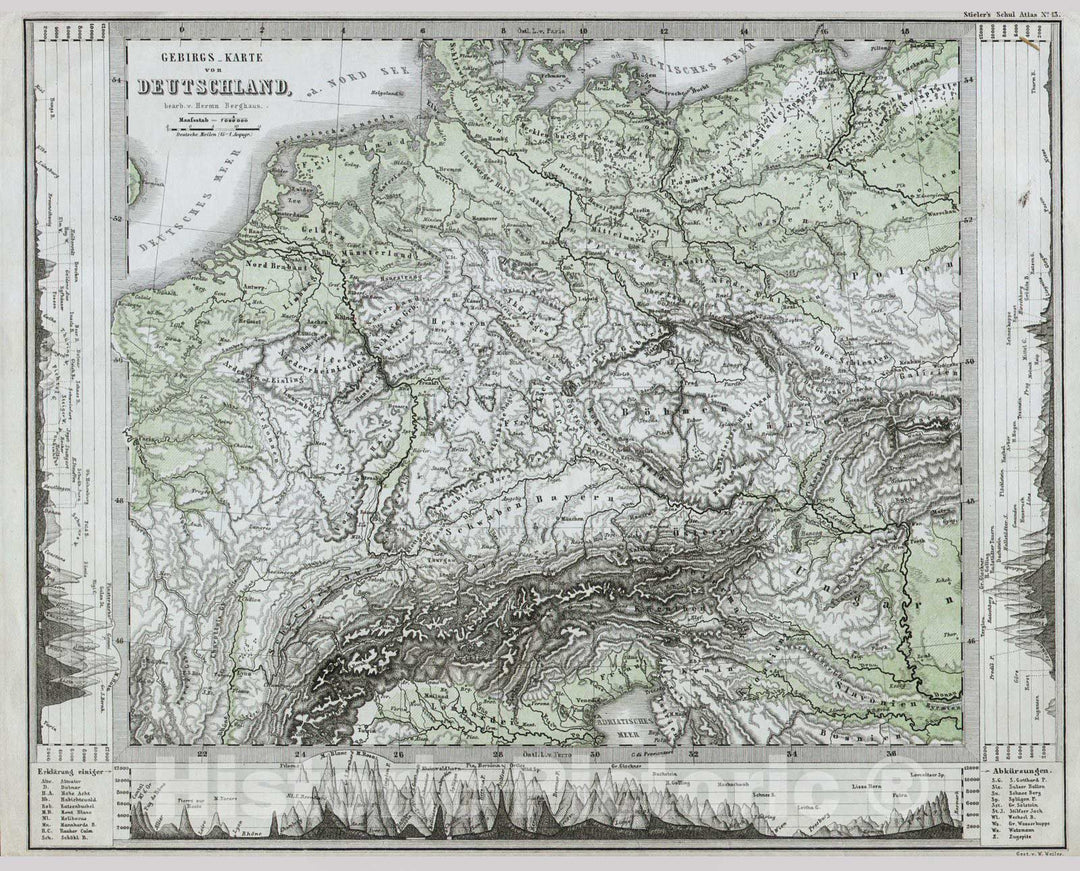 Historic Map : Physical Map of Central Europe or Deutschland , 1862, Vintage Wall Art