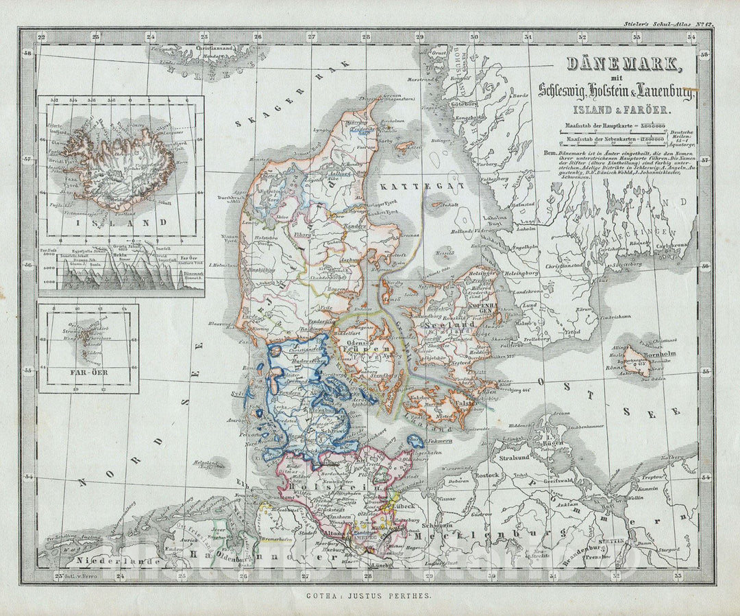 Historic Map : Stieler Map of Denmark , 1862, Vintage Wall Art