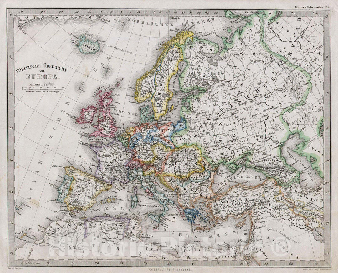 Historic Map : Stieler Map of Europe , 1862, Vintage Wall Art