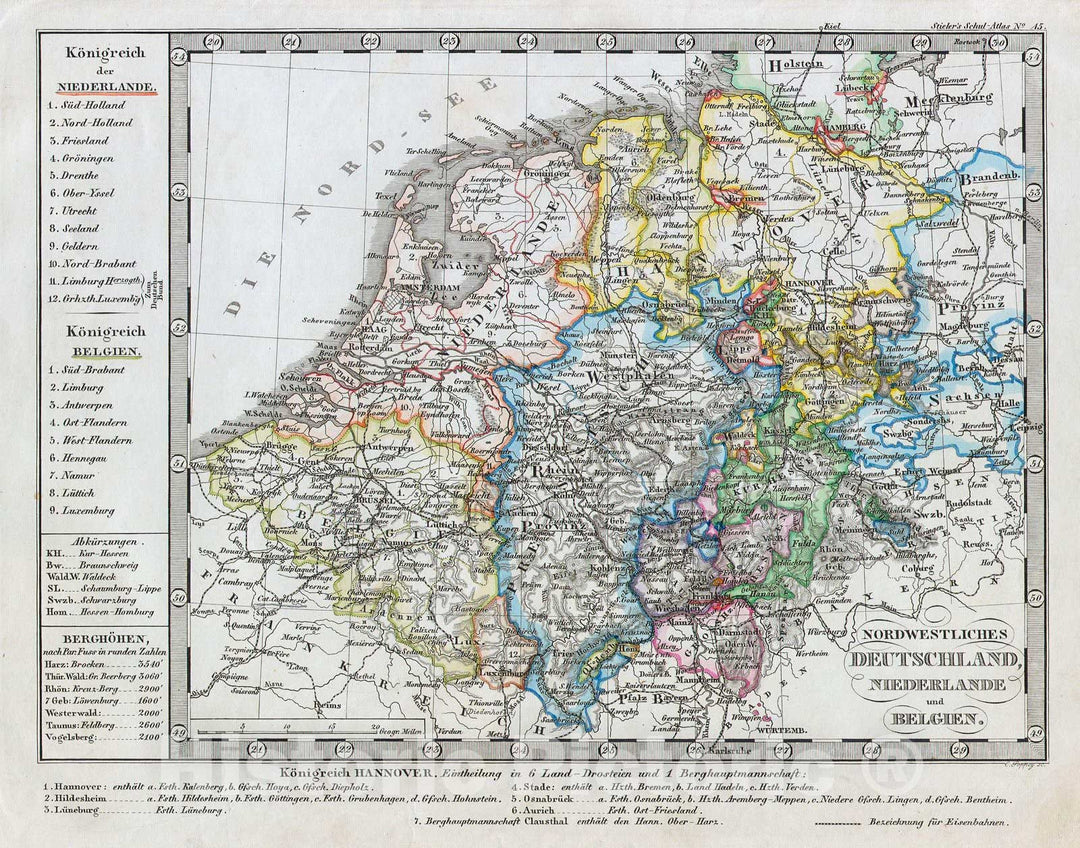 Historic Map : Stieler Map of Holland, Belgium and Western Germany, 1862, Vintage Wall Art