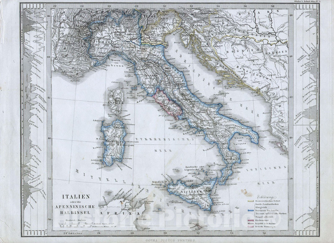 Historic Map : Stieler Map of Italy, 1862, Vintage Wall Art