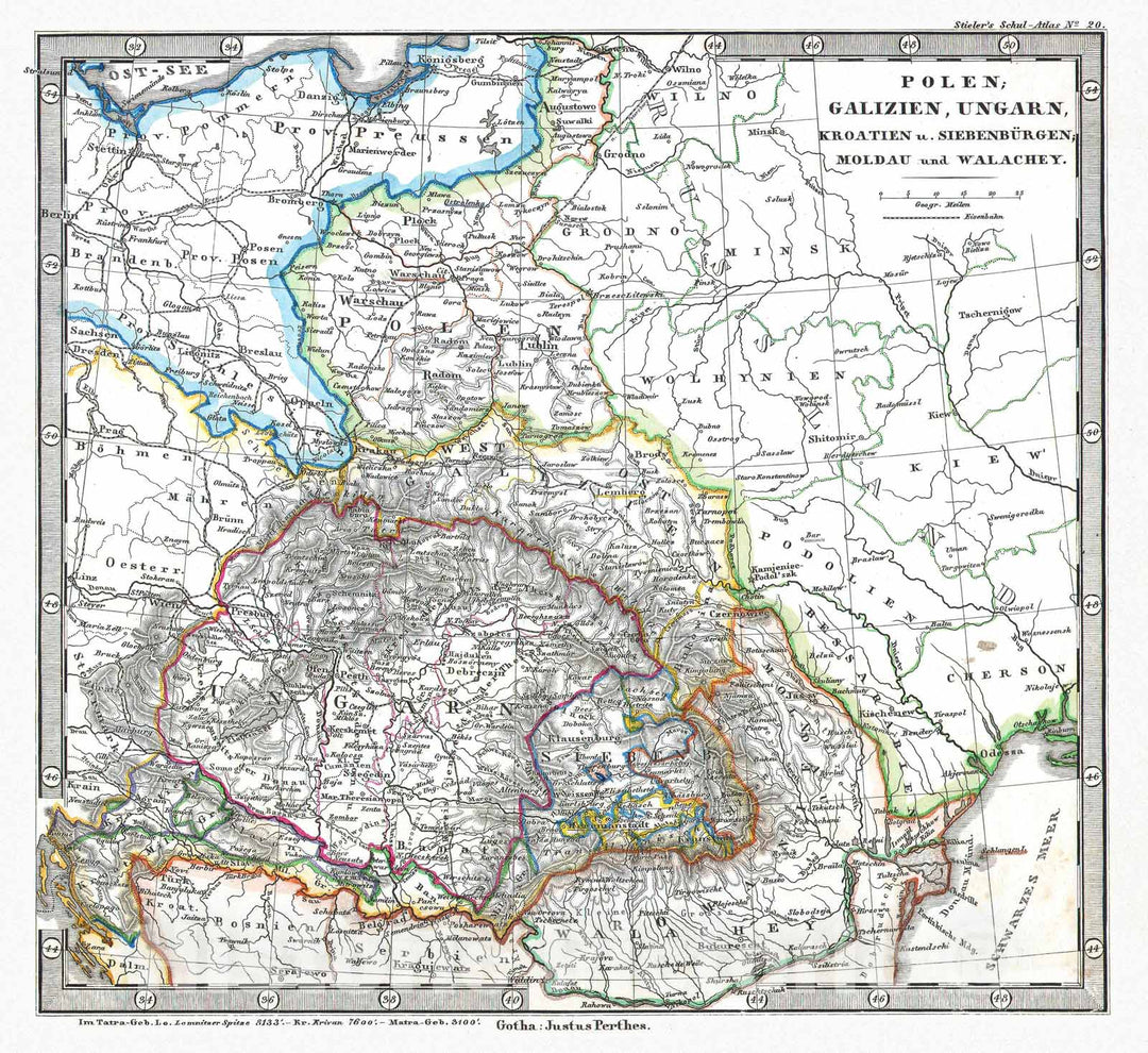 Historic Map : Stieler Map of Poland and Hungary, 1862, Vintage Wall Art