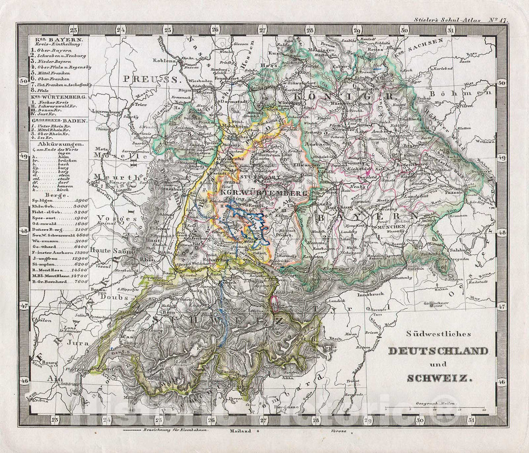 Historic Map : Stieler Map of Southern Germany and Switzerland , 1862, Vintage Wall Art