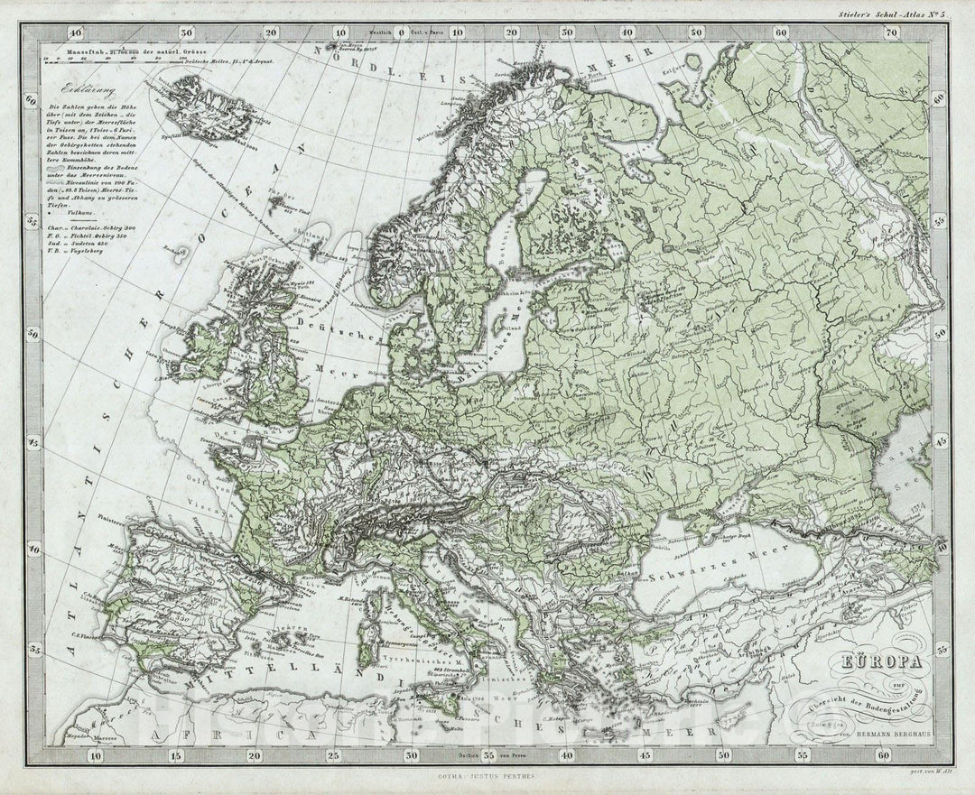 Historic Map : Stieler Physical Map of Europe , 1862, Vintage Wall Art