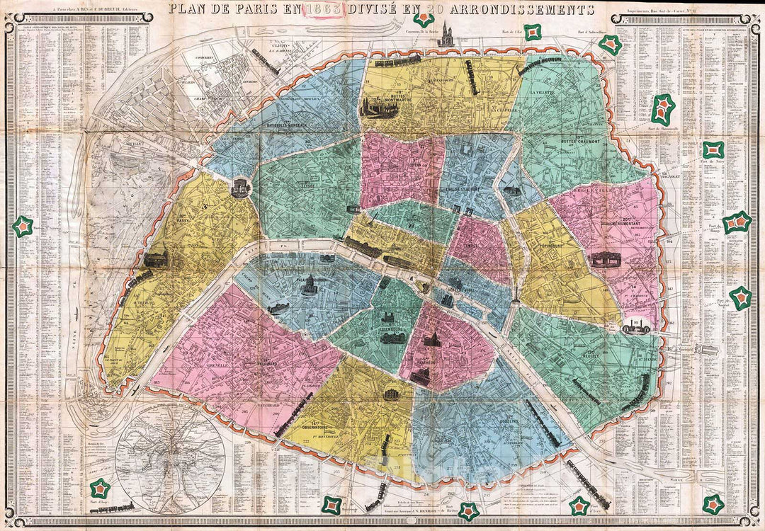 Historic Map : Henriot Pocket Map of Paris, France, 1863, Vintage Wall Art