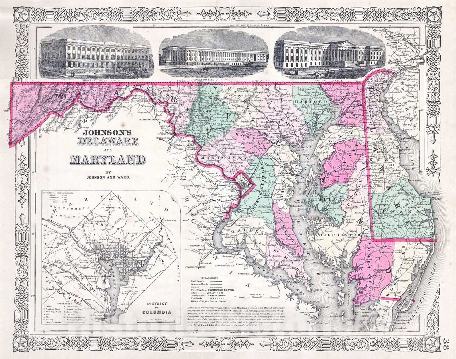 Historic Map : Johnson Map of Delaware and Maryland, Version 2, 1863, Vintage Wall Art