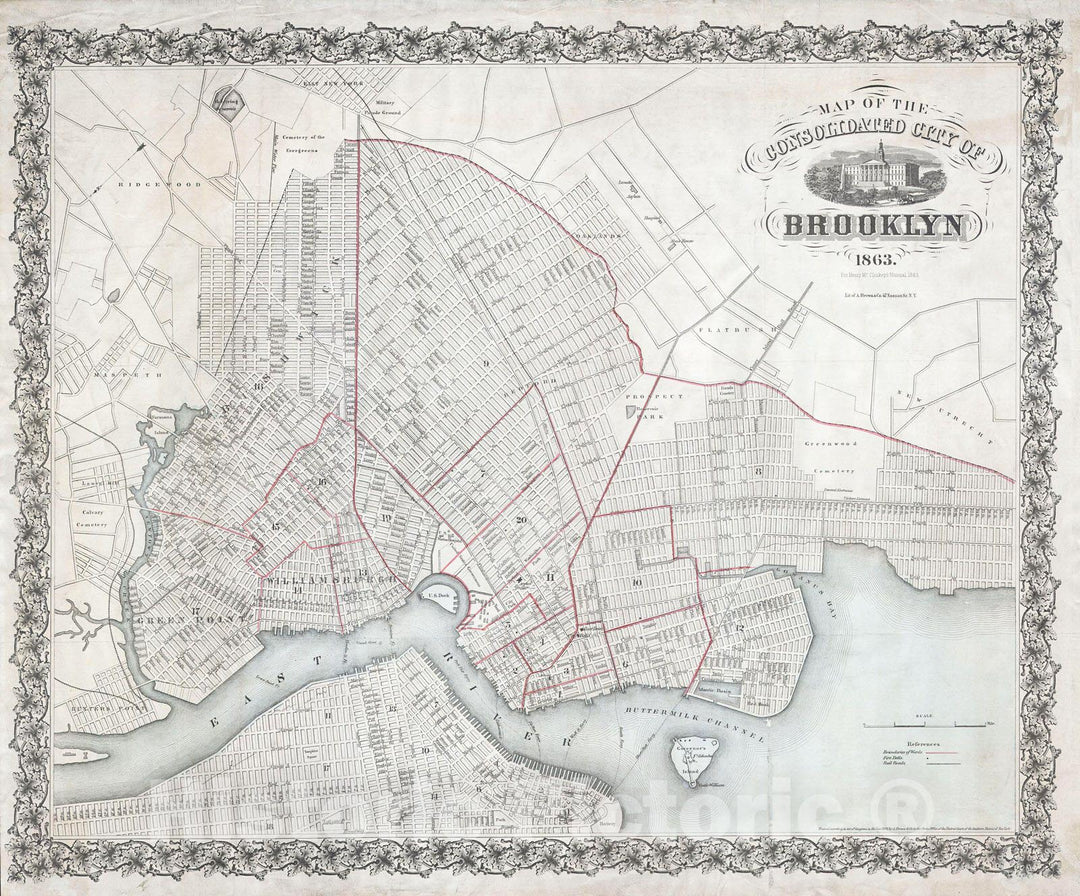 Historic Map : McCloskey Pocket Map of Brooklyn, New York , 1863, Vintage Wall Art