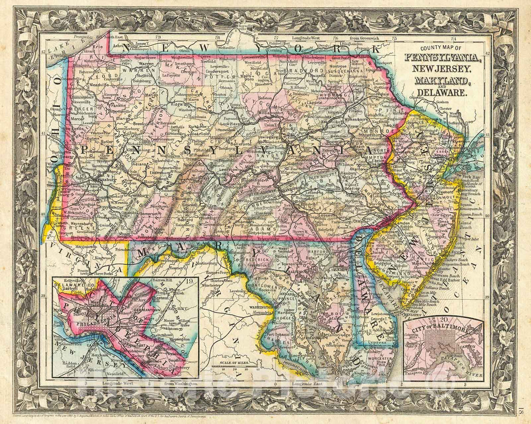 Historic Map : Mitchell Map of Pennsylvania, New Jersey, Delaware and Maryland , 1863, Vintage Wall Art