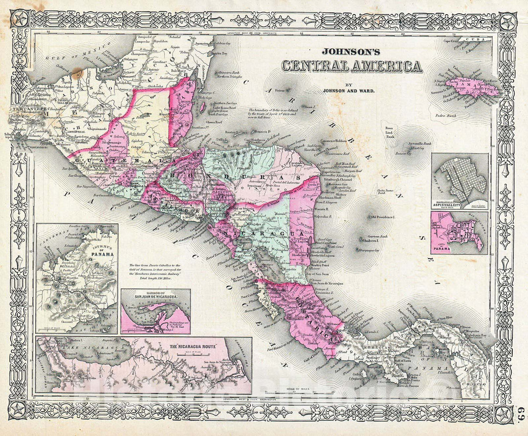 Historic Map : Johnson Map of Central America , Version 2, 1864, Vintage Wall Art