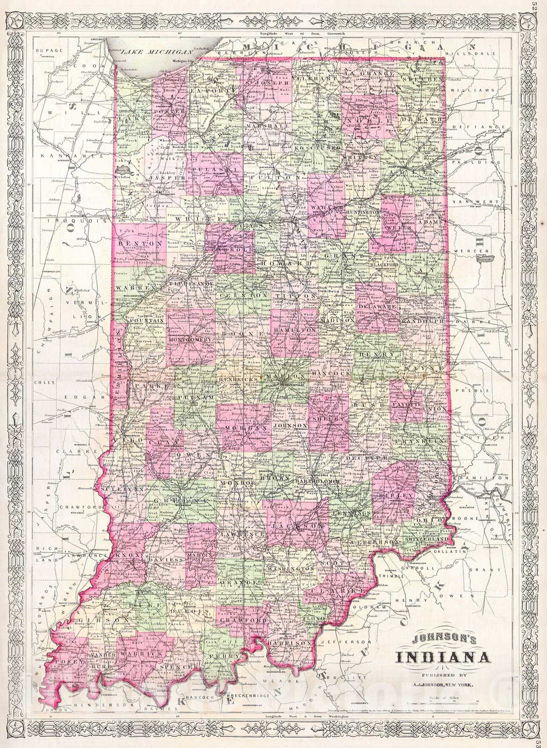 Historic Map : Johnson Map of Indiana , 1864, Vintage Wall Art