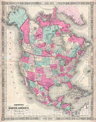 Historic Map : Johnson Map of North America (Canada, United States, Mexico), 1864, Vintage Wall Art