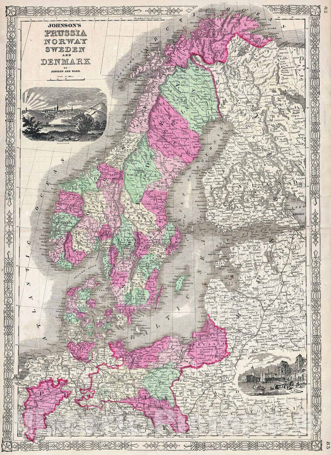 Historic Map : Johnson Map of Scandinavia (Norway, Sweden, Denmark, Prussia), 1864, Vintage Wall Art