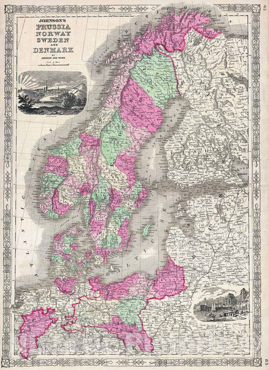 Historic Map : Johnson Map of Scandinavia (Norway, Sweden, Denmark, Prussia), 1864, Vintage Wall Art