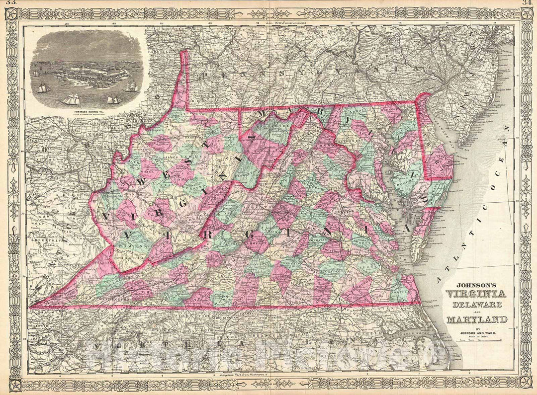 Historic Map : Johnson Map of Virginia, West Virginia, Maryland, and Delaware, 1864, Vintage Wall Art