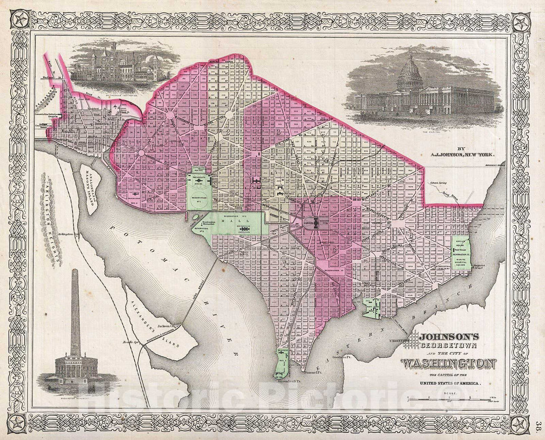 Historic Map : Johnson Map of Washington D.C. and Georgetown , Version 3, 1864, Vintage Wall Art