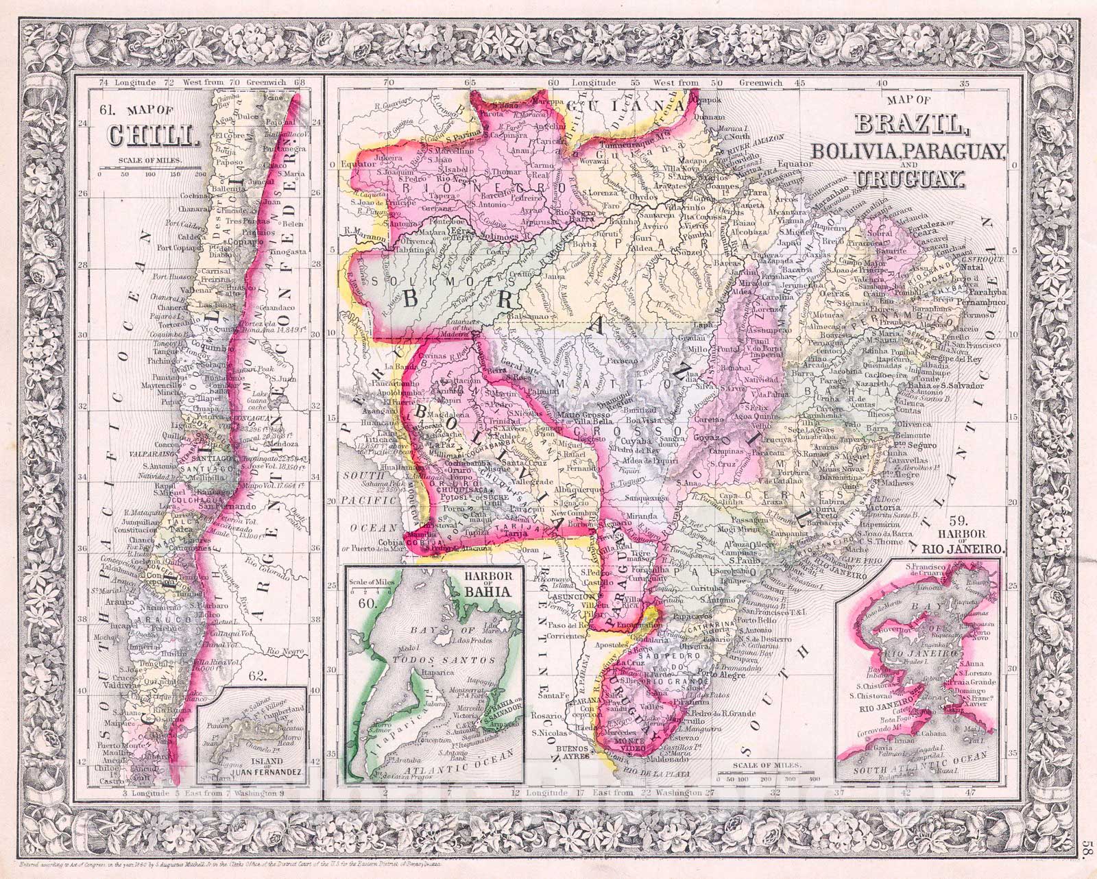 Historic Map : Mitchell Map of Brazil, Bolivia and Chili , 1864, Vintage Wall Art