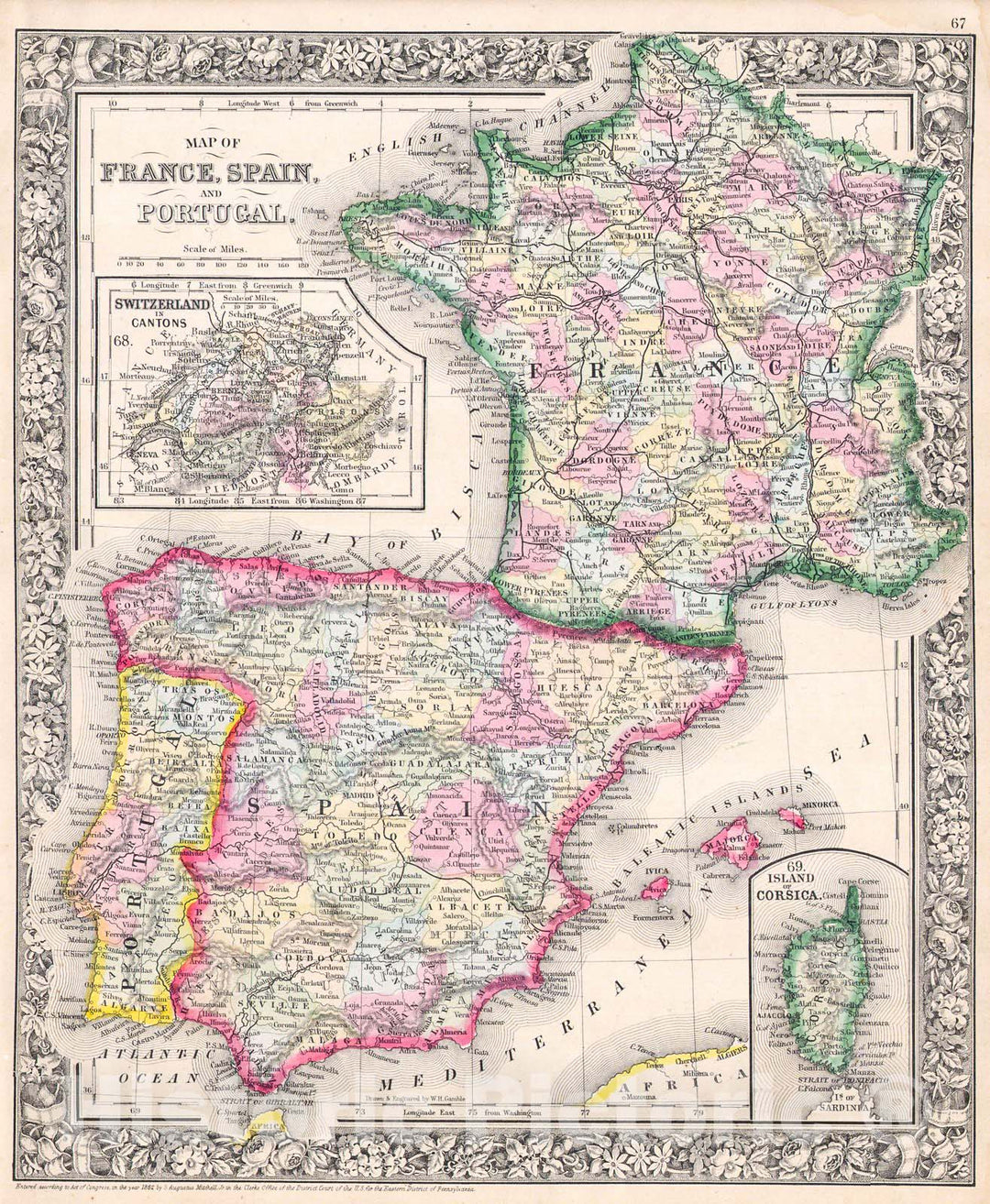 Historic Map : Mitchell Map of France, Spain and Portugal, Version 2, 1864, Vintage Wall Art