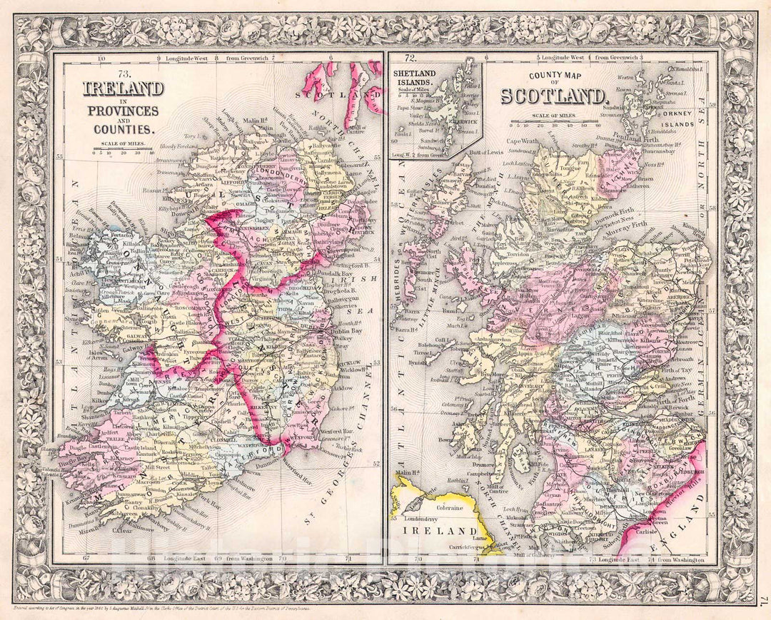 Historic Map : Mitchell Map of Ireland and Scotland , 1864, Vintage Wall Art