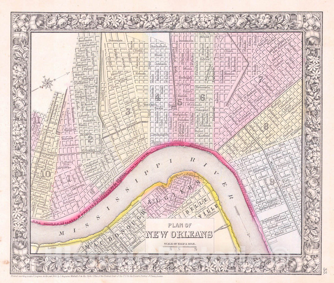 Historic Map : Mitchell Map of New Orleans, Louisiana , 1864, Vintage Wall Art