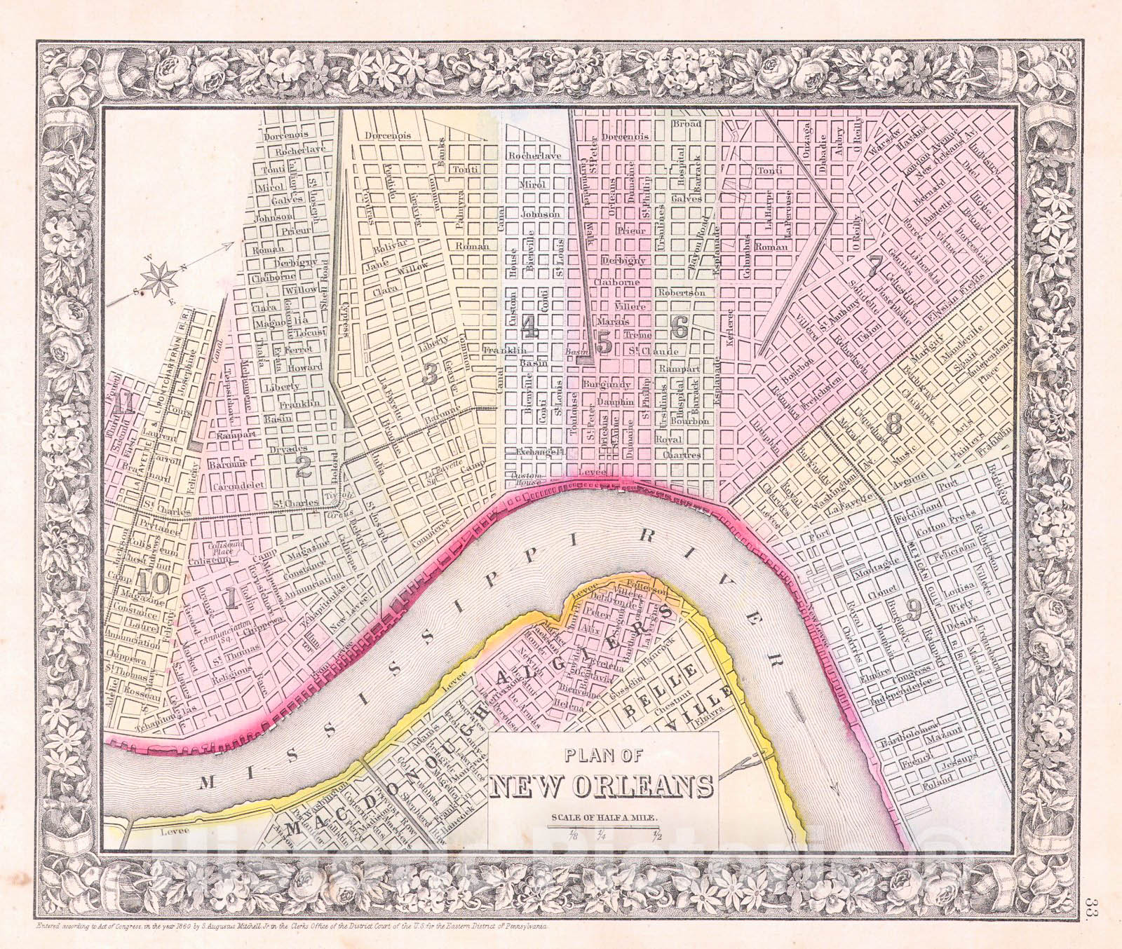 Historic Map : Mitchell Map of New Orleans, Louisiana , 1864, Vintage Wall Art