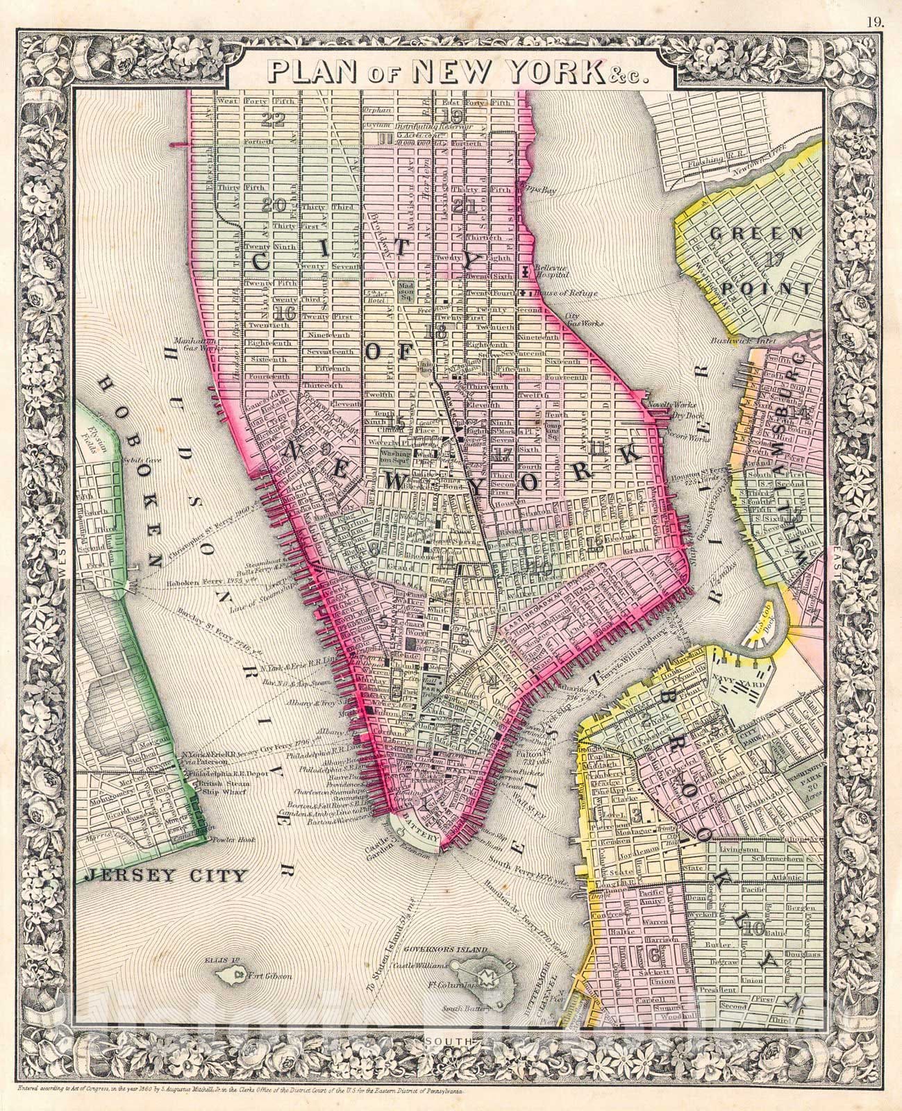 Historic Map : Mitchell Map of New York City, New York, 1864, Vintage Wall Art