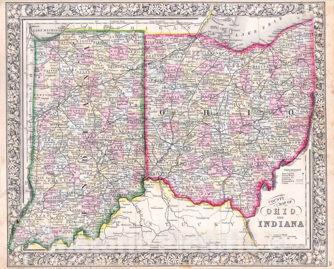 Historic Map : Mitchell Map of Ohio and Indiana , 1864, Vintage Wall Art