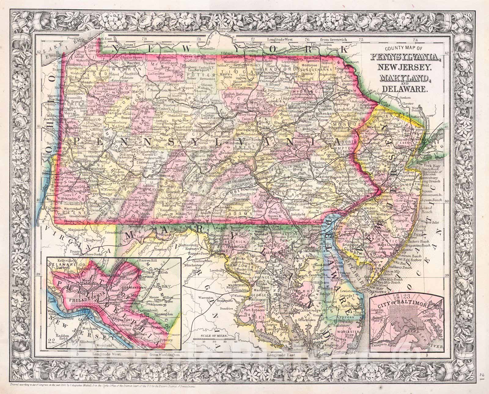 Historic Map : Mitchell Map of Pennsylvania, New Jersey, Delaware and Maryland , Version 2, 1864, Vintage Wall Art