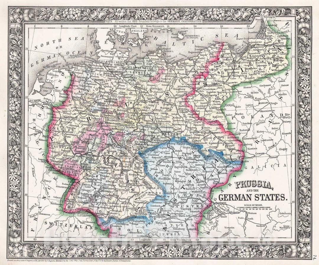 Historic Map : Mitchell Map of Prussia and Germany, 1864, Vintage Wall Art