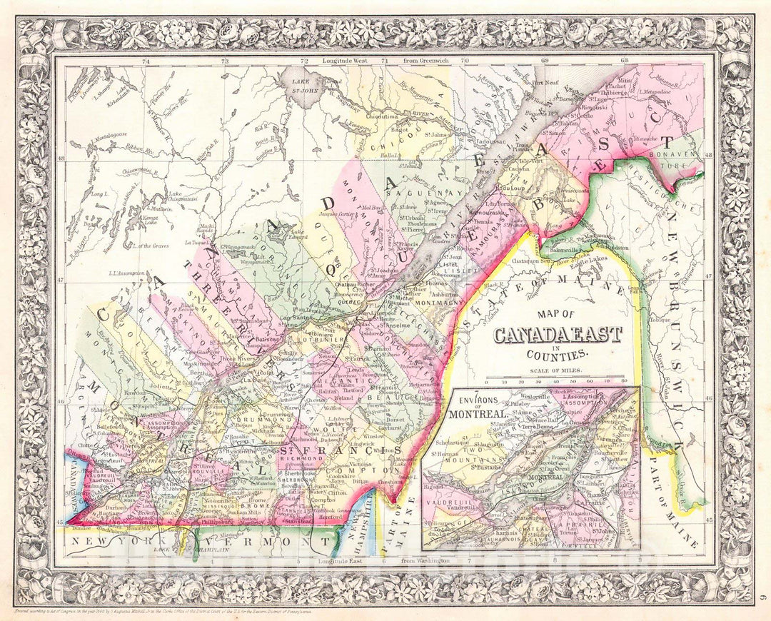 Historic Map : Mitchell Map of Quebec, Canada , 1864, Vintage Wall Art