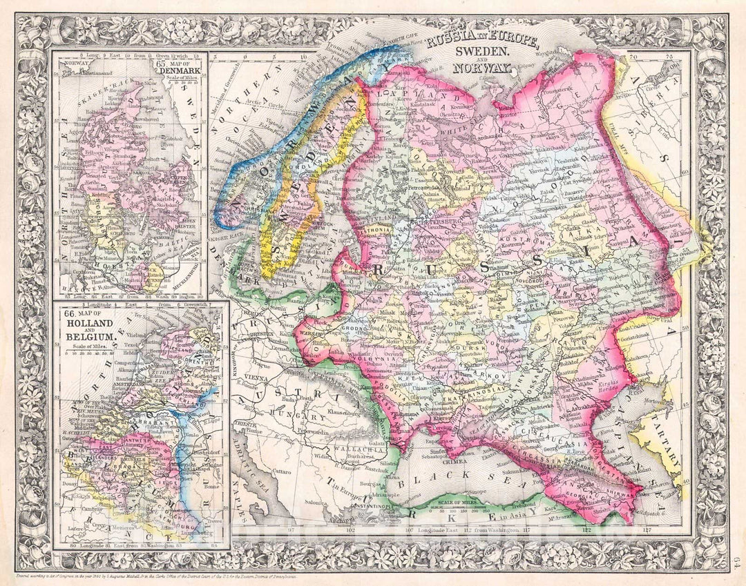 Historic Map : Mitchell Map of Russia, Scandinavia, Denmark, Holland and Belgium, 1864, Vintage Wall Art