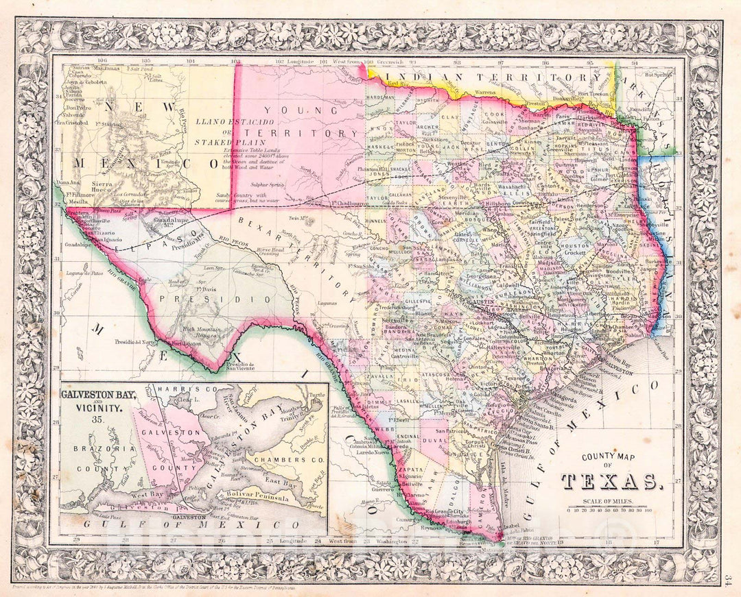 Historic Map : Mitchell Map of Texas , 1864, Vintage Wall Art