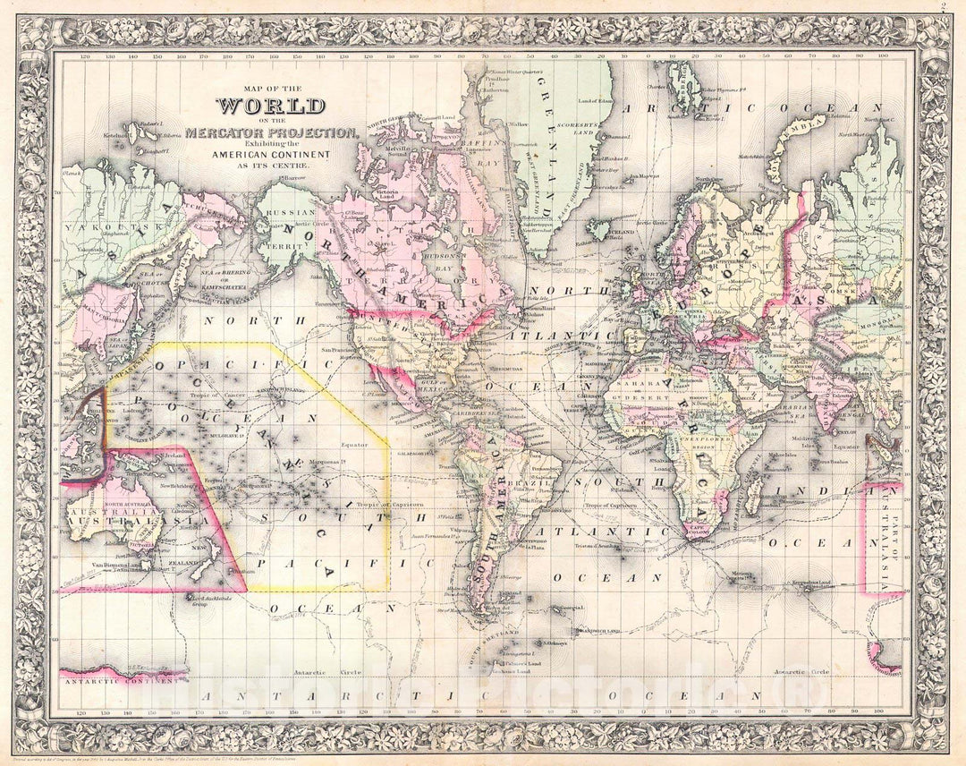 Historic Map : Mitchell Map of The World on Mercator Projection, 1864, Vintage Wall Art