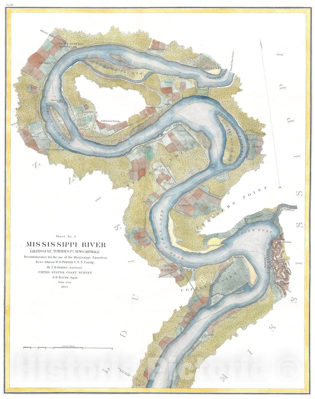 Historic Map : U.S.C.S. Chart of The Mississippi River Grand Gulf to New Carthage (Jefferson Davis Plantation), 1864, Vintage Wall Art