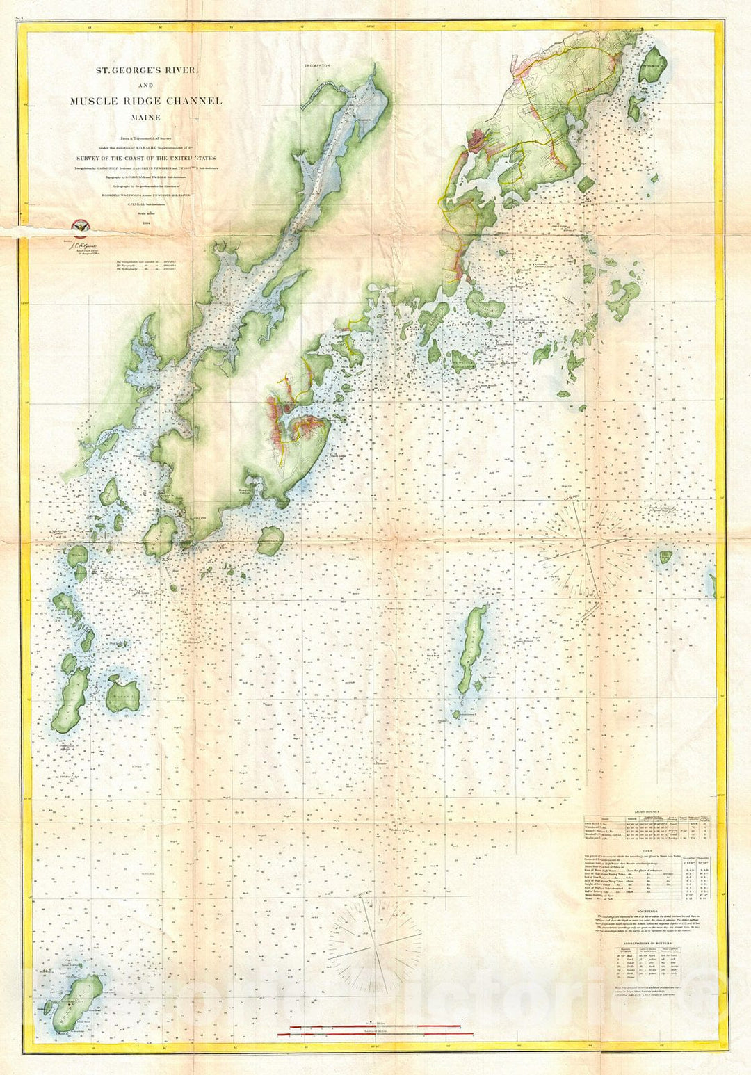 Historic Map : U.S. Coast Survey Map or Chart of St. Georges River and Muscle Ridge Channel, Maine, 1864, Vintage Wall Art