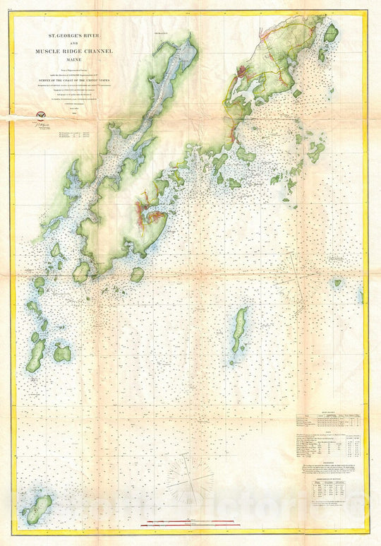 Historic Map : U.S. Coast Survey Map or Chart of St. Georges River and Muscle Ridge Channel, Maine, 1864, Vintage Wall Art