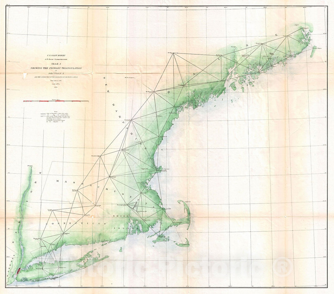 Historic Map : U.S. Coast Survey Map or Trianguation Chart of New England, 1864, Vintage Wall Art