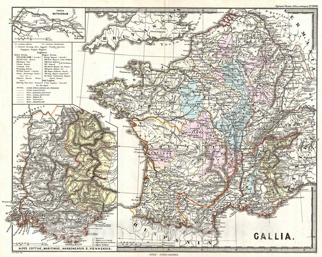 Historic Map : Spruner Map of France or Gallia in Roman Times , 1865, Vintage Wall Art