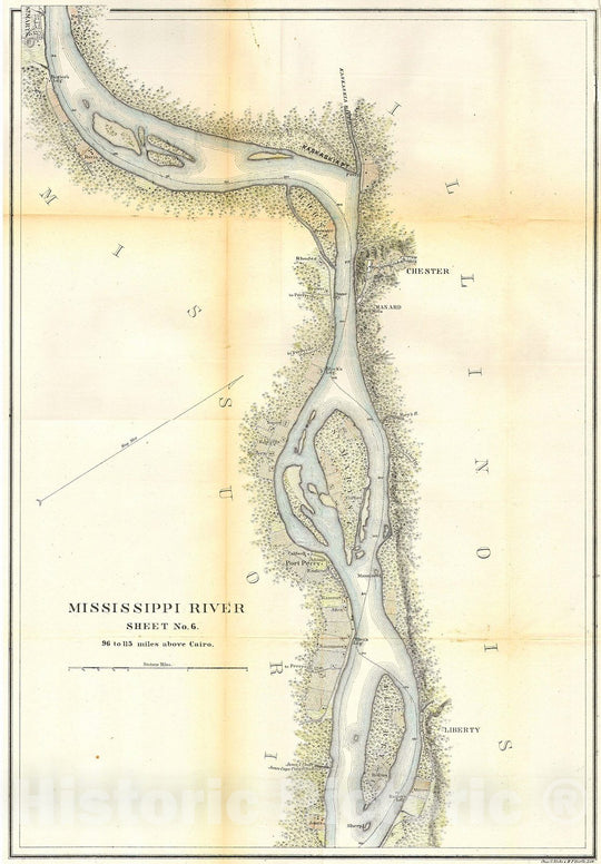 Historic Map : U.S.C.S. Map of The Mississippi River Around Chester Illinois, 1865, Vintage Wall Art